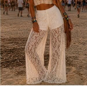 Loragal White Lace Wide Leg Pants Sheer Bridal Beach Boho Size 12/14 (36x29) NEW